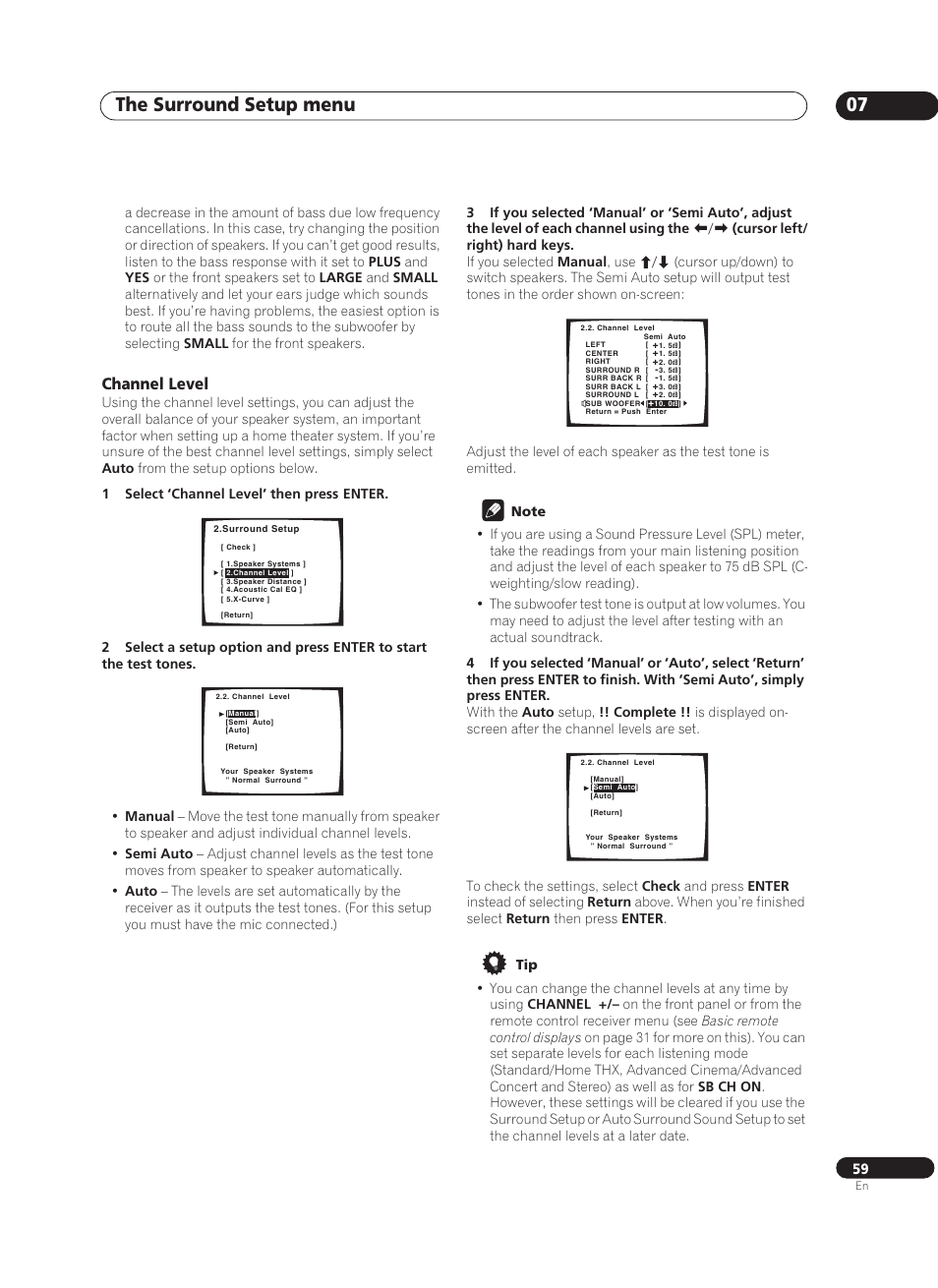 Channel level, The surround setup menu 07 | Pioneer VSX-AX10Ai-G User Manual | Page 59 / 110