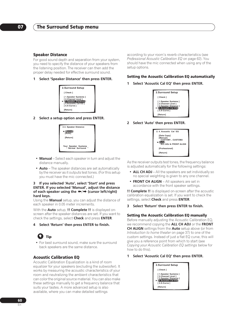 Speaker distance, Acoustic calibration eq, The surround setup menu 07 | Setting the acoustic calibration eq automatically, Setting the acoustic calibration eq manually | Pioneer VSX-AX10Ai-G User Manual | Page 60 / 110