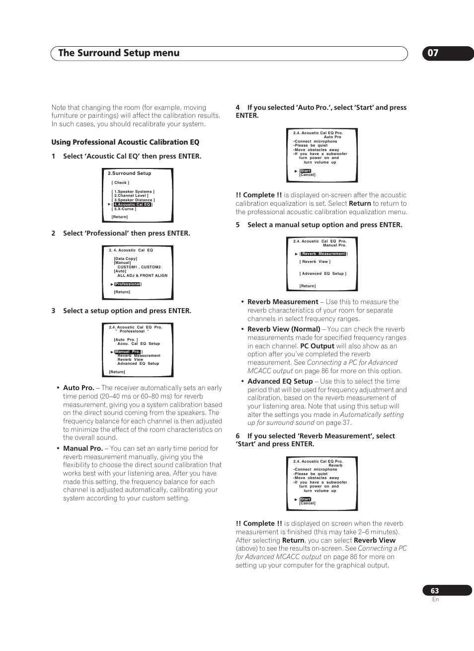 The surround setup menu 07, Using professional acoustic calibration eq | Pioneer VSX-AX10Ai-G User Manual | Page 63 / 110