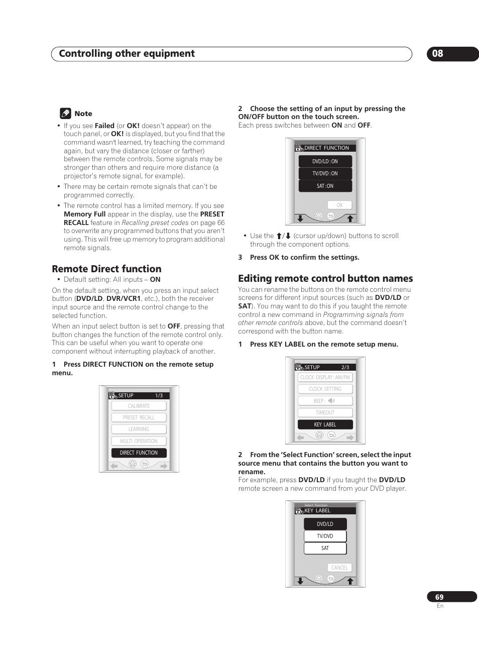 Remote direct function, Editing remote control button names, Controlling other equipment 08 | Pioneer VSX-AX10Ai-G User Manual | Page 69 / 110