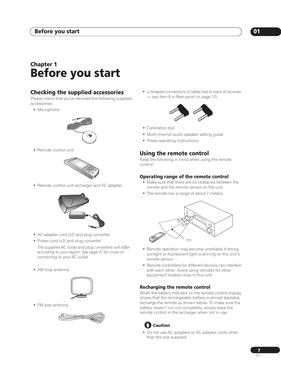 01 before you start, Checking the supplied accessories, Using the remote control | Operating range of the remote control, Recharging the remote control, Before you start, Before you start 01, Chapter 1 | Pioneer VSX-AX10Ai-G User Manual | Page 7 / 110