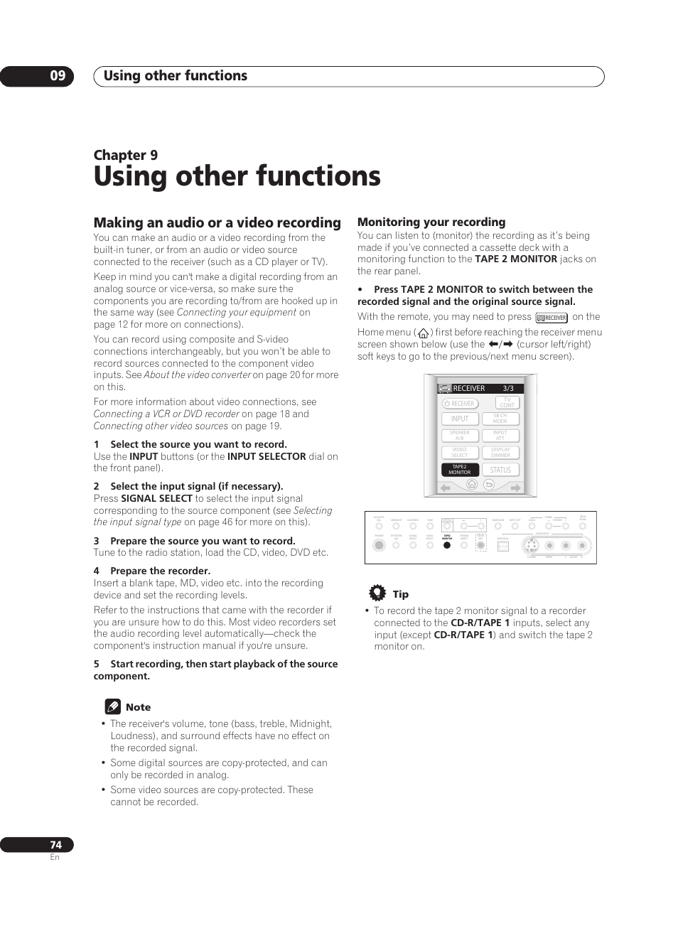 09 using other functions, Making an audio or a video recording, Monitoring your recording | Using other functions, Using other functions 09, Chapter 9 | Pioneer VSX-AX10Ai-G User Manual | Page 74 / 110