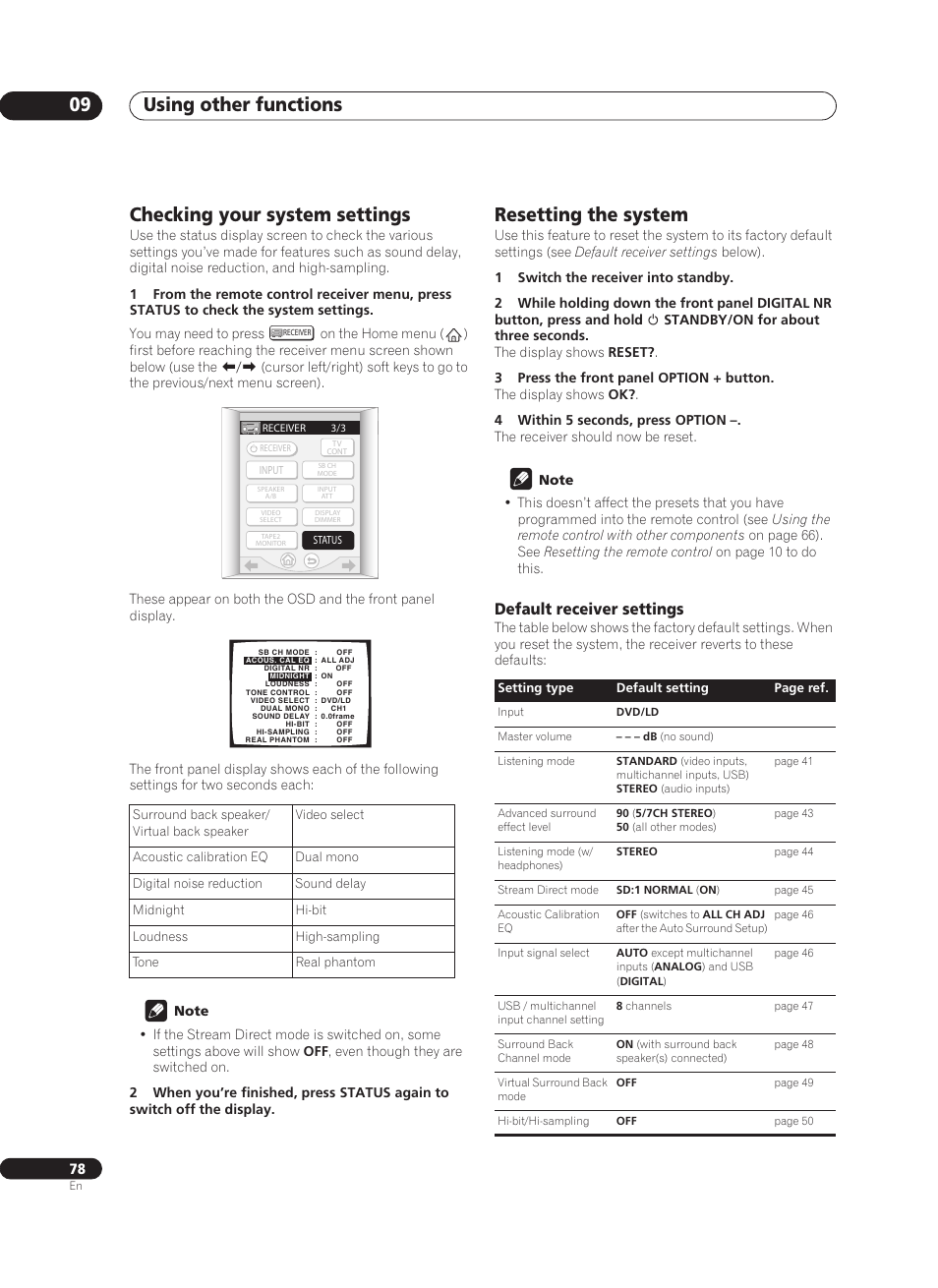 Checking your system settings, Resetting the system, Default receiver settings | Using other functions 09 | Pioneer VSX-AX10Ai-G User Manual | Page 78 / 110