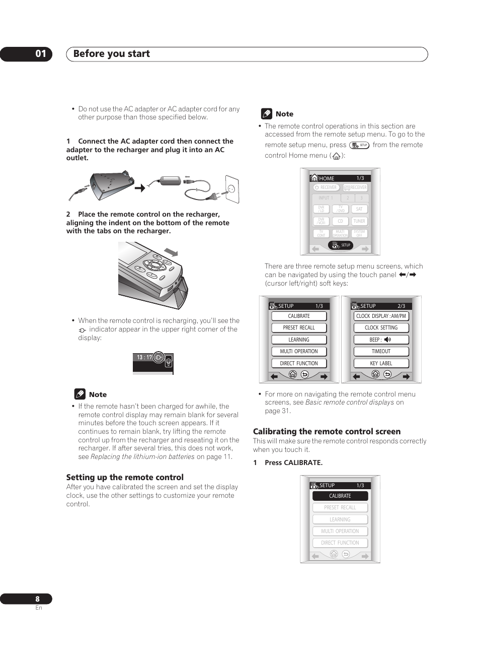 Setting up the remote control, Calibrating the remote control screen, Before you start 01 | Pioneer VSX-AX10Ai-G User Manual | Page 8 / 110