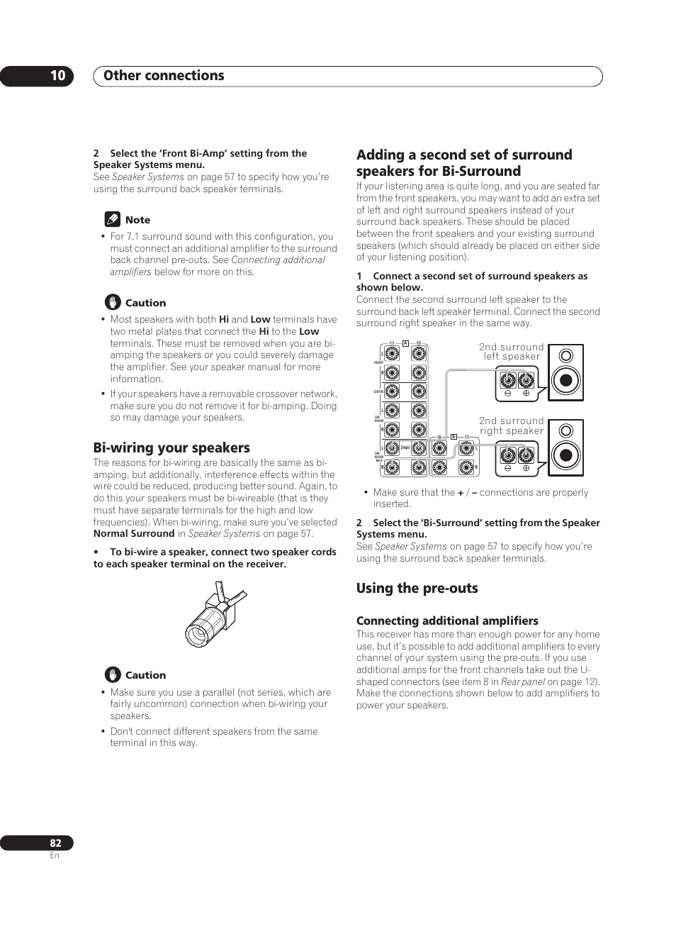 Bi-wiring your speakers, Using the pre-outs, Connecting additional amplifiers | Other connections 10 | Pioneer VSX-AX10Ai-G User Manual | Page 82 / 110