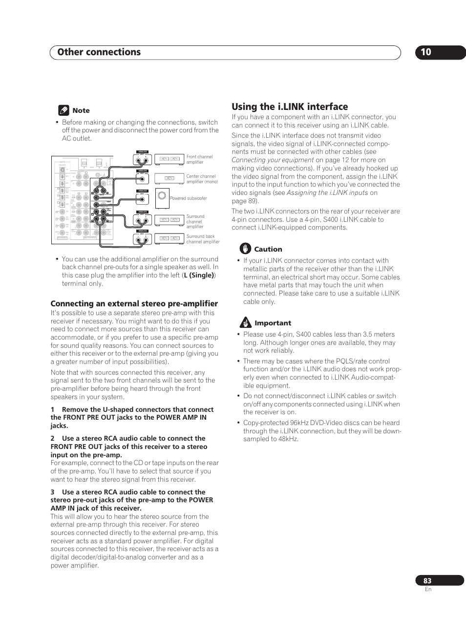 Connecting an external stereo pre-amplifier, Using the i.link interface, Other connections 10 | Pioneer VSX-AX10Ai-G User Manual | Page 83 / 110