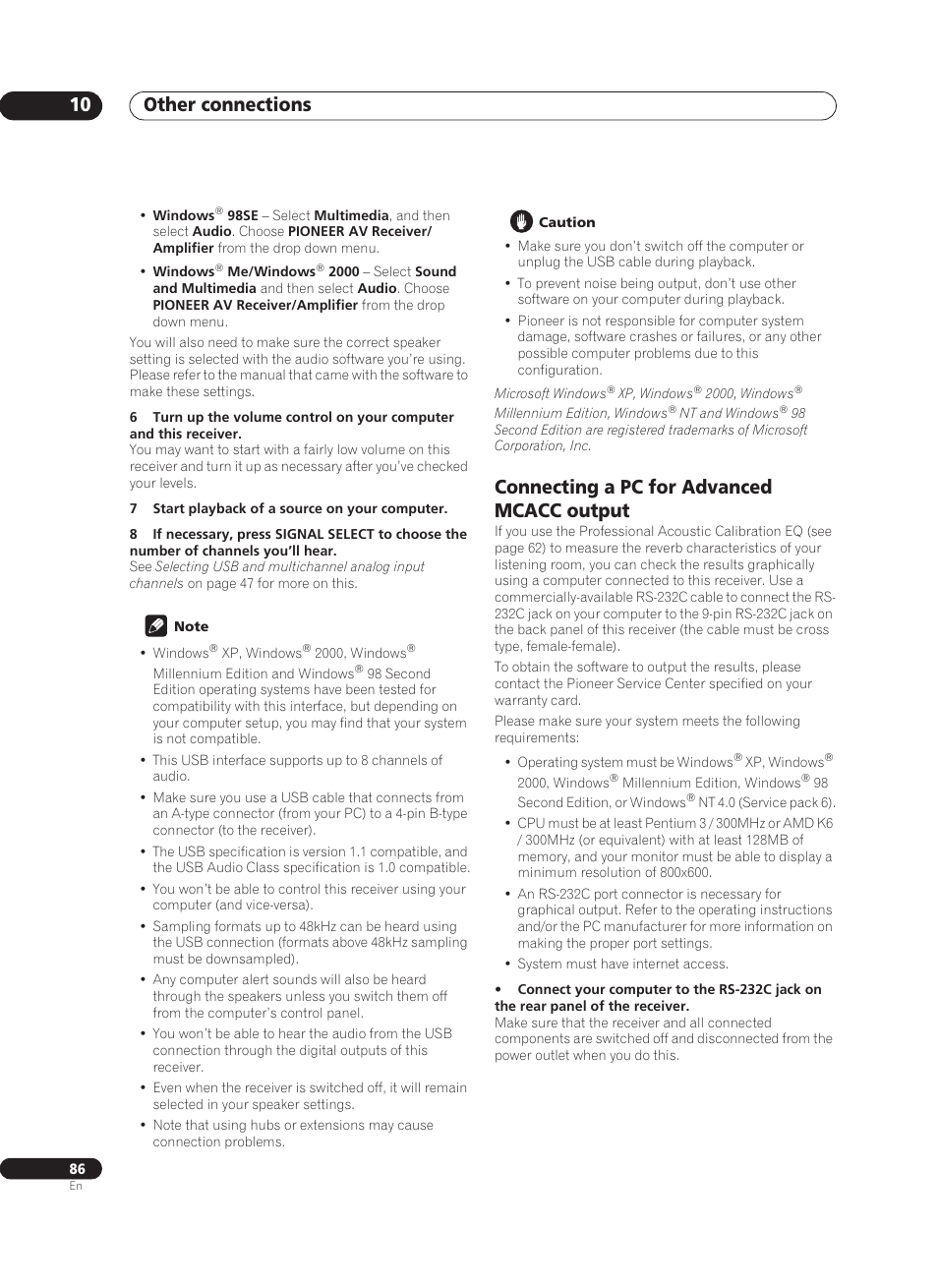 Connecting a pc for advanced mcacc output, Other connections 10 | Pioneer VSX-AX10Ai-G User Manual | Page 86 / 110