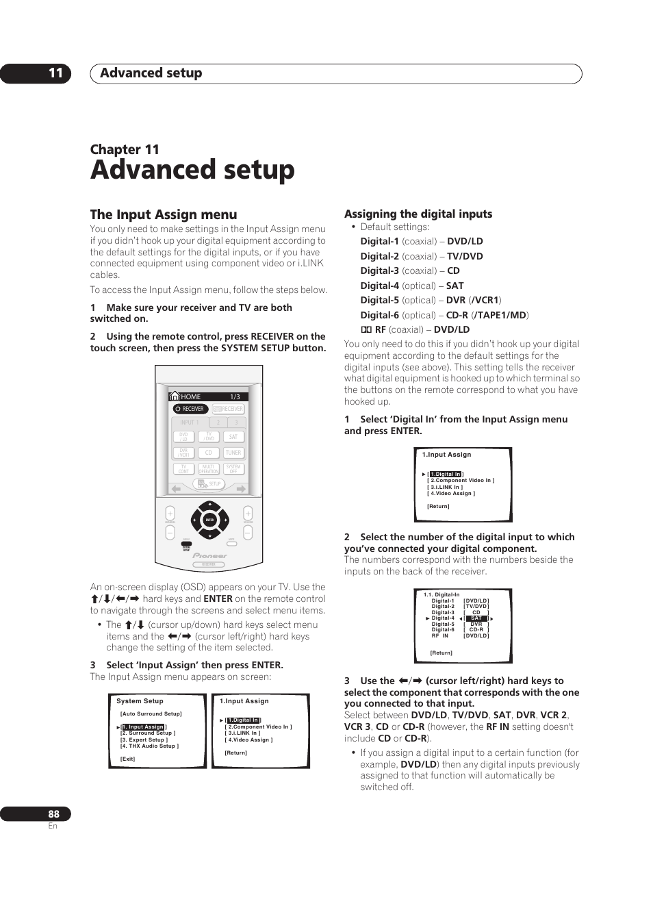 11 advanced setup, The input assign menu, Assigning the digital inputs | Advanced setup, Advanced setup 11, Chapter 11 | Pioneer VSX-AX10Ai-G User Manual | Page 88 / 110