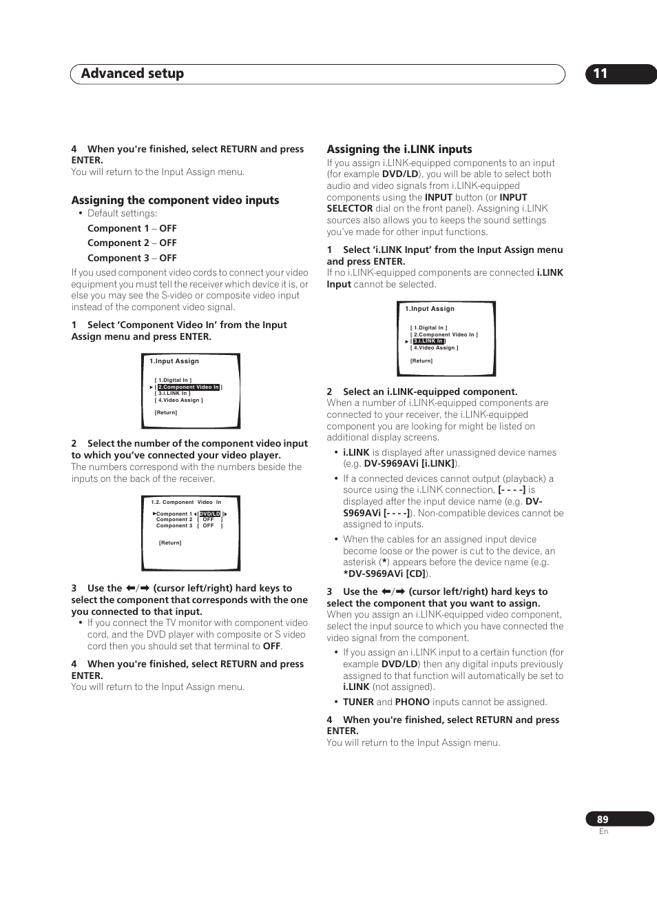 Assigning the component video inputs, Assigning the i.link inputs, Advanced setup 11 | Pioneer VSX-AX10Ai-G User Manual | Page 89 / 110