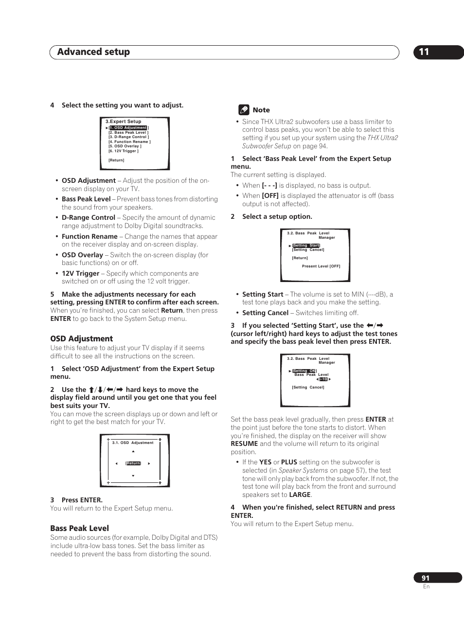 Osd adjustment, Bass peak level, Advanced setup 11 | Pioneer VSX-AX10Ai-G User Manual | Page 91 / 110