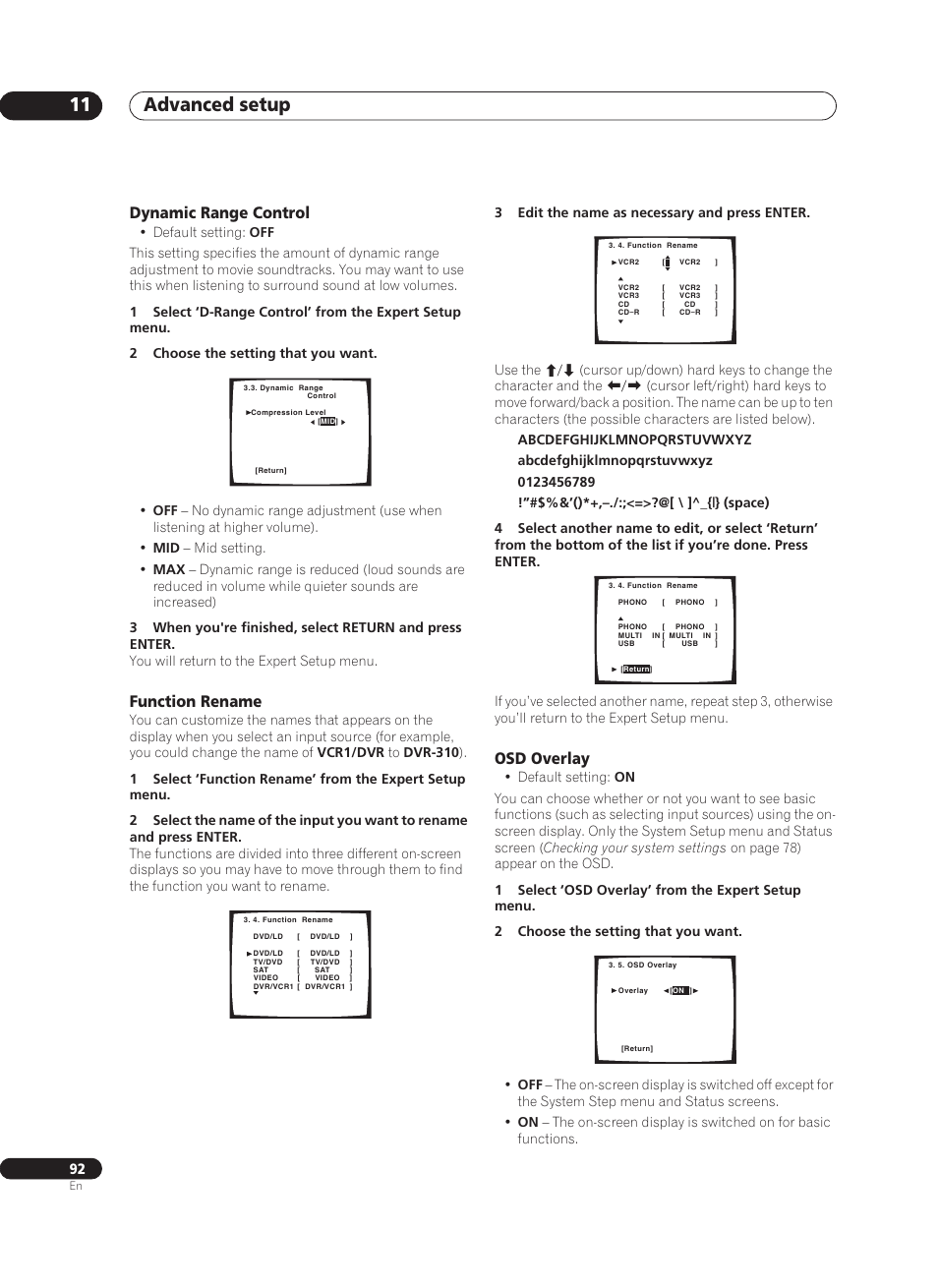 Dynamic range control, Function rename, Advanced setup 11 | Osd overlay | Pioneer VSX-AX10Ai-G User Manual | Page 92 / 110