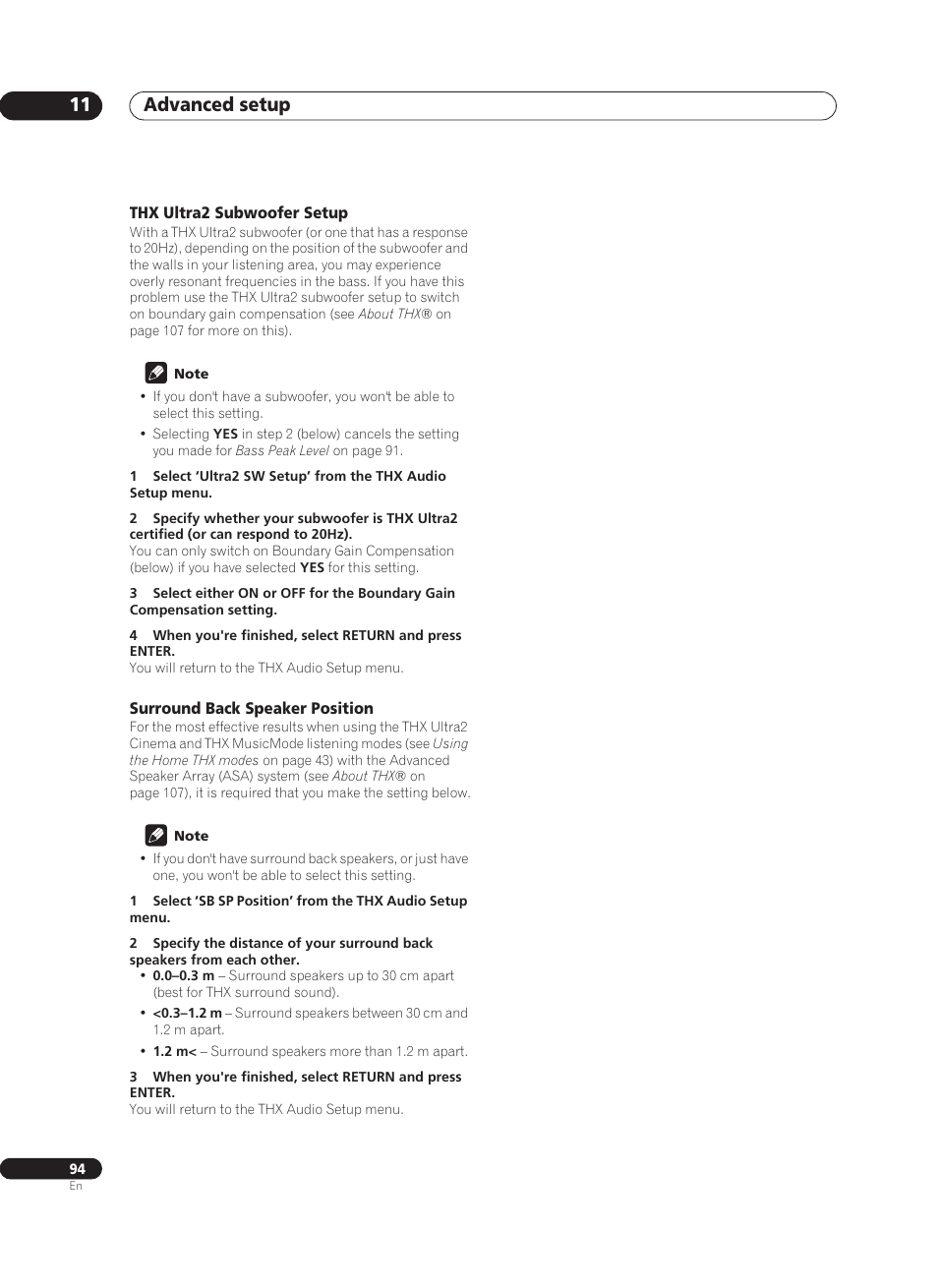 Thx ultra2 subwoofer setup, Surround back speaker position, Advanced setup 11 | Pioneer VSX-AX10Ai-G User Manual | Page 94 / 110