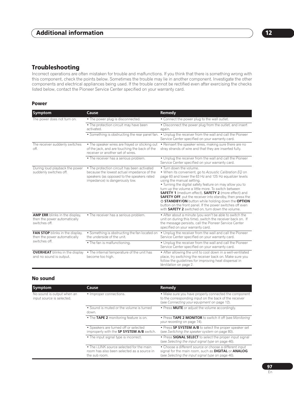 Troubleshooting, Power, No sound | Additional information 12, Power no sound | Pioneer VSX-AX10Ai-G User Manual | Page 97 / 110