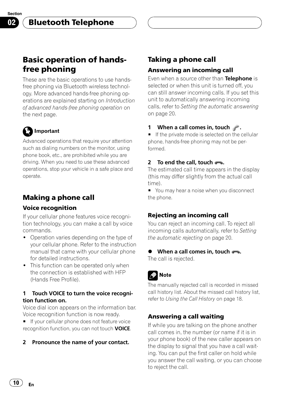 Basic operation of hands-free phoning, Making a phone call 10, Taking a phone call 10 | Basic operation of hands- free phoning, Bluetooth telephone, Making a phone call, Taking a phone call | Pioneer CD-BTB200 User Manual | Page 10 / 121