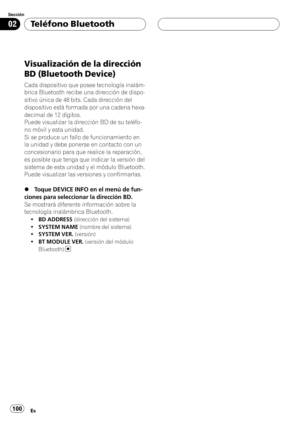 Visualización de la dirección bd (bluetooth, Device), Teléfono bluetooth | Pioneer CD-BTB200 User Manual | Page 100 / 121