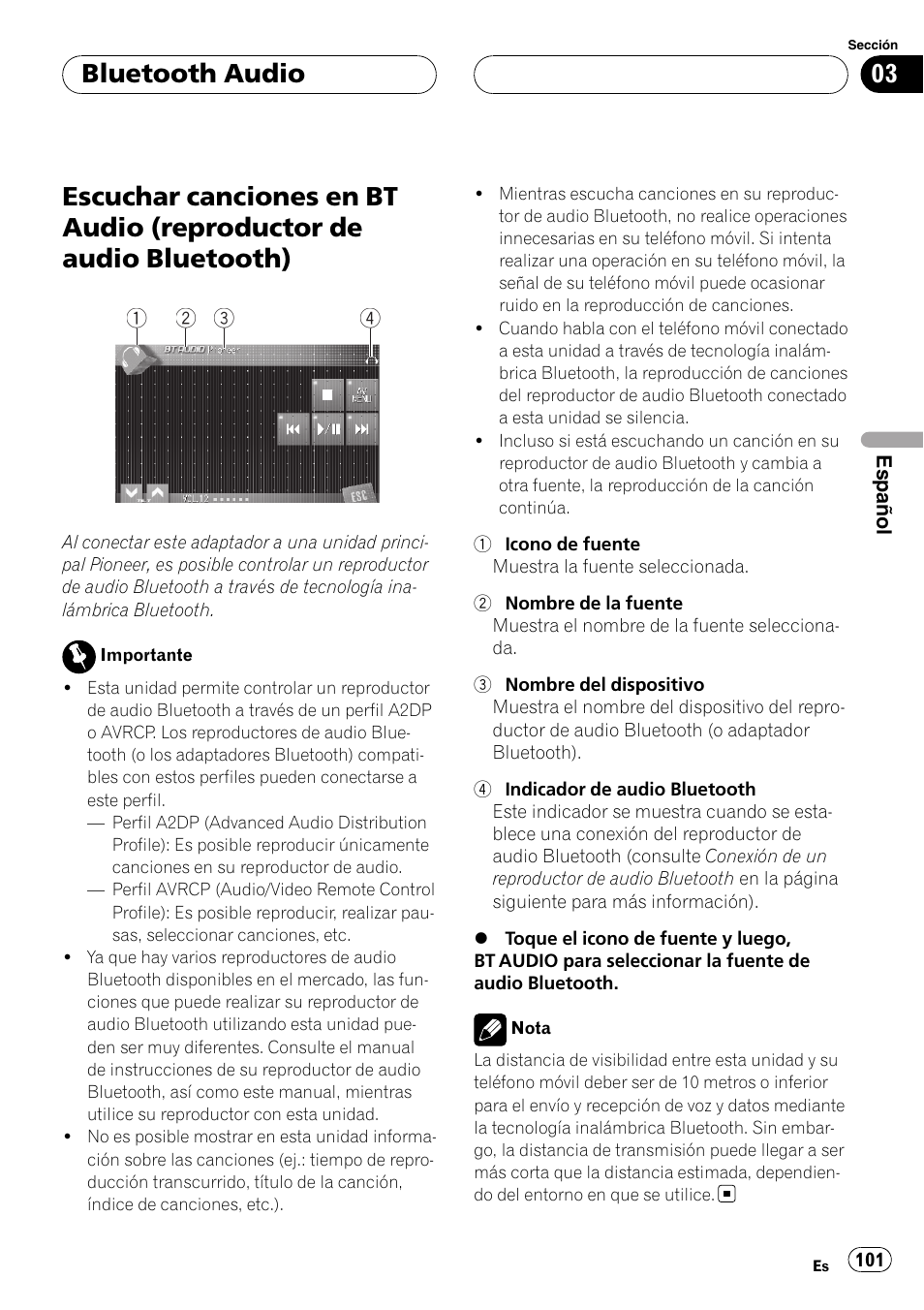 Bluetooth audio escuchar canciones en bt audio, Reproductor de audio bluetooth), Bluetooth audio | Pioneer CD-BTB200 User Manual | Page 101 / 121