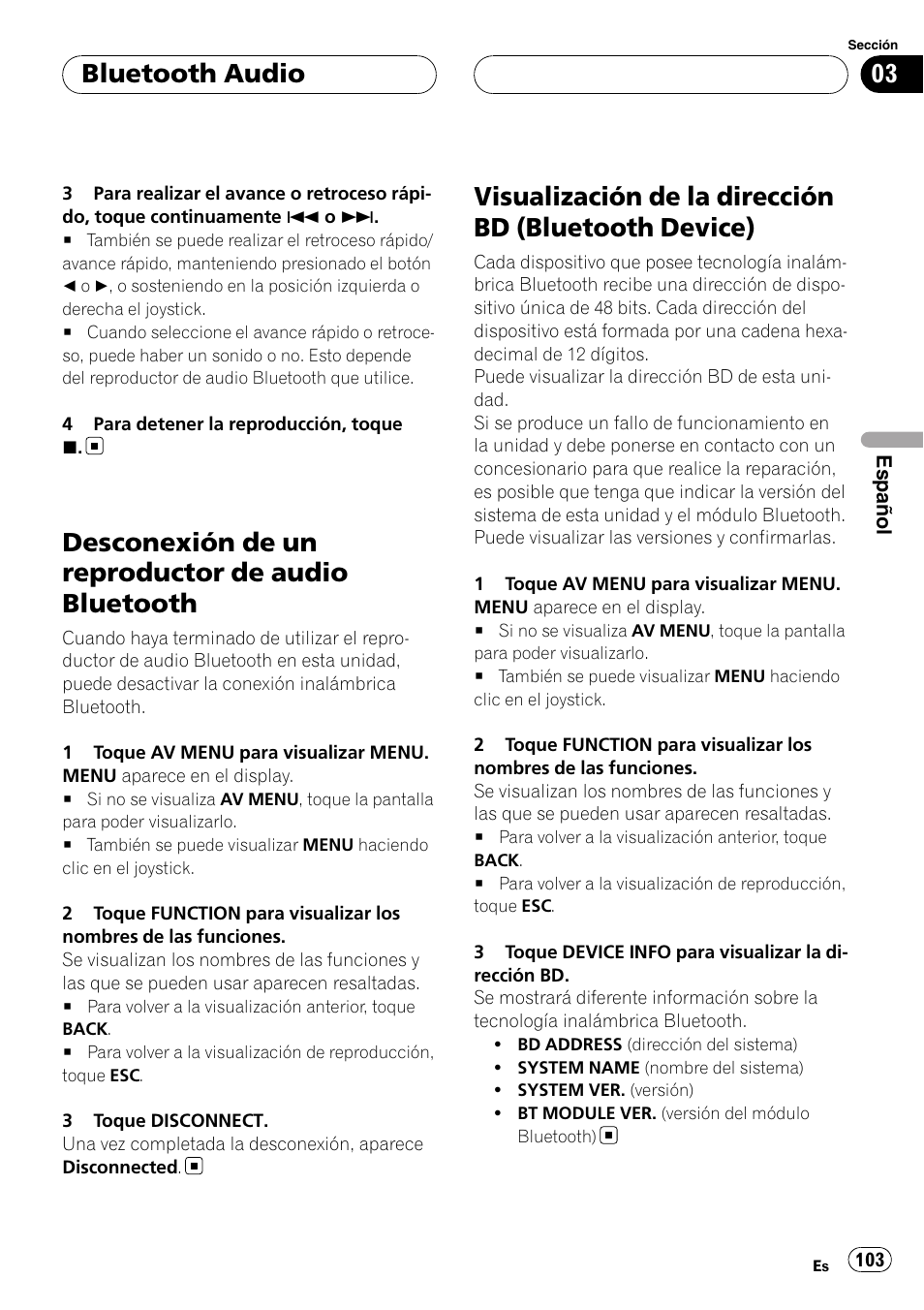 Desconexión de un reproductor de audio, Bluetooth, Visualización de la dirección bd (bluetooth | Device), Desconexión de un reproductor de audio bluetooth, Bluetooth audio | Pioneer CD-BTB200 User Manual | Page 103 / 121