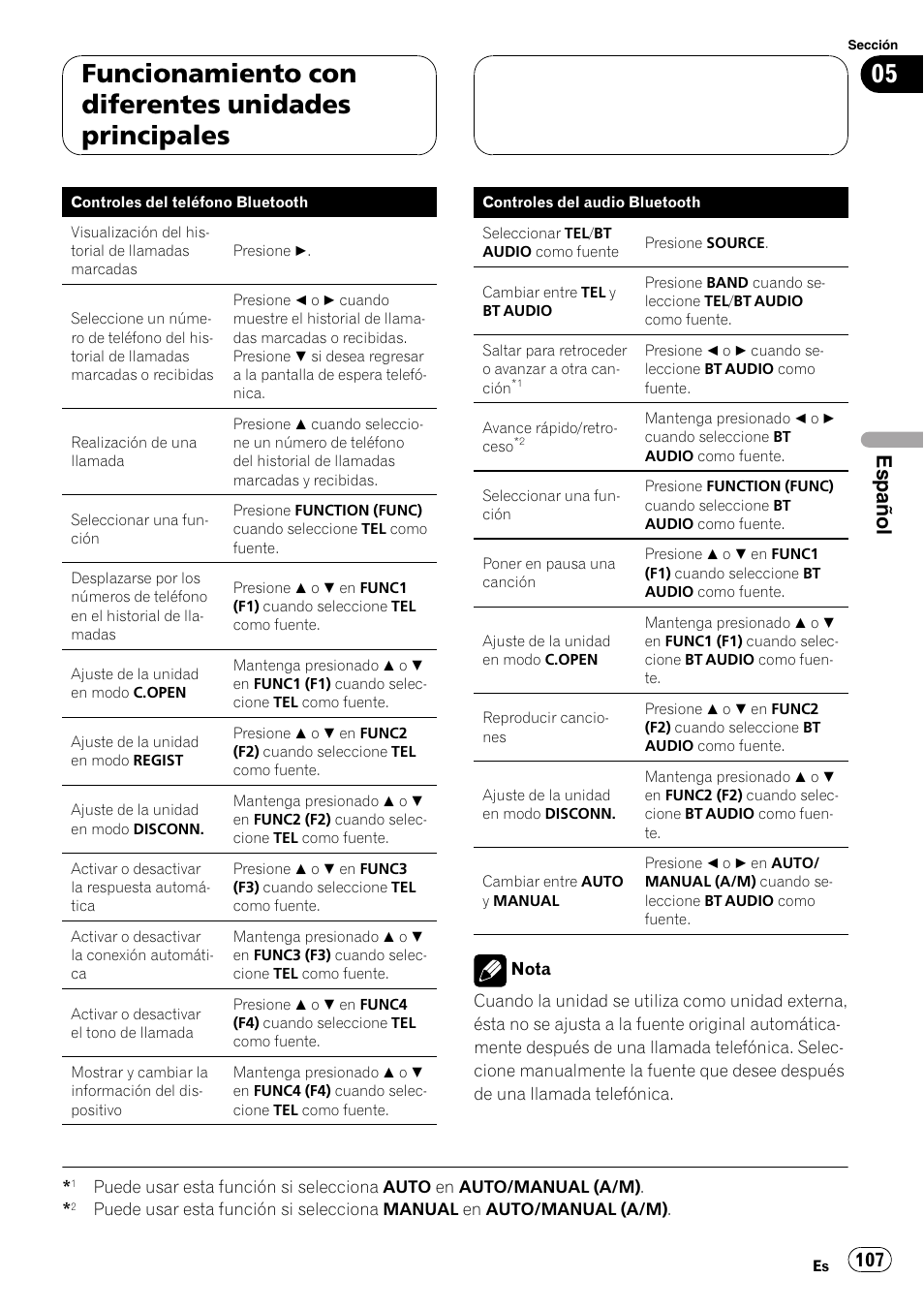 Funcionamiento con diferentes unidades principales, Español | Pioneer CD-BTB200 User Manual | Page 107 / 121