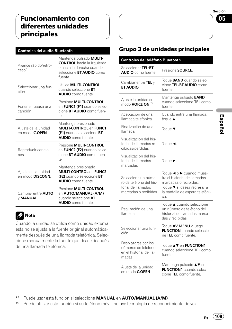 Grupo 3 de unidades principales 109, Funcionamiento con diferentes unidades principales, Grupo 3 de unidades principales | Español | Pioneer CD-BTB200 User Manual | Page 109 / 121