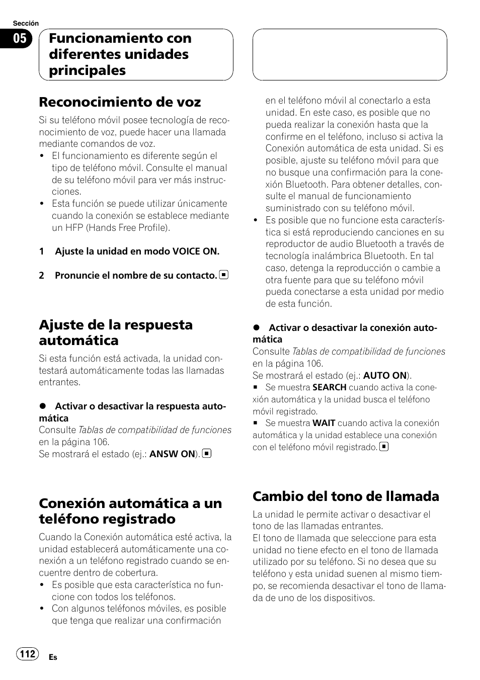 Reconocimiento de voz, Ajuste de la respuesta automática, Conexión automática a un teléfono | Registrado, Cambio del tono de llamada, Conexión automática a un teléfono registrado, Funcionamiento con diferentes unidades principales | Pioneer CD-BTB200 User Manual | Page 112 / 121