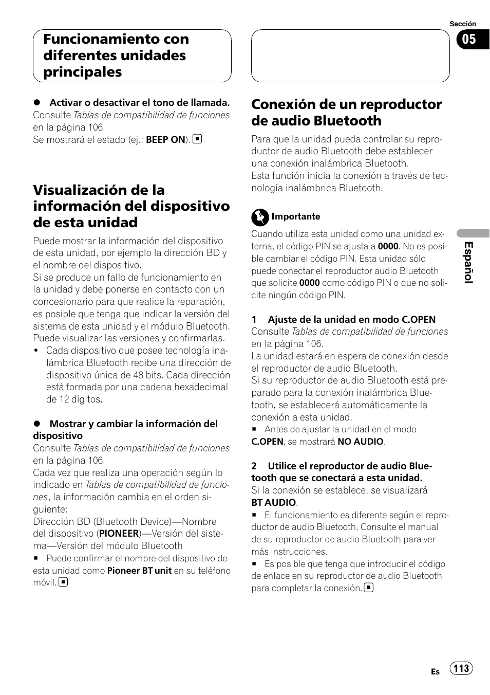 Visualización de la información del, Dispositivo de esta unidad, Conexión de un reproductor de audio | Bluetooth, Conexión de un reproductor de audio bluetooth, Funcionamiento con diferentes unidades principales | Pioneer CD-BTB200 User Manual | Page 113 / 121