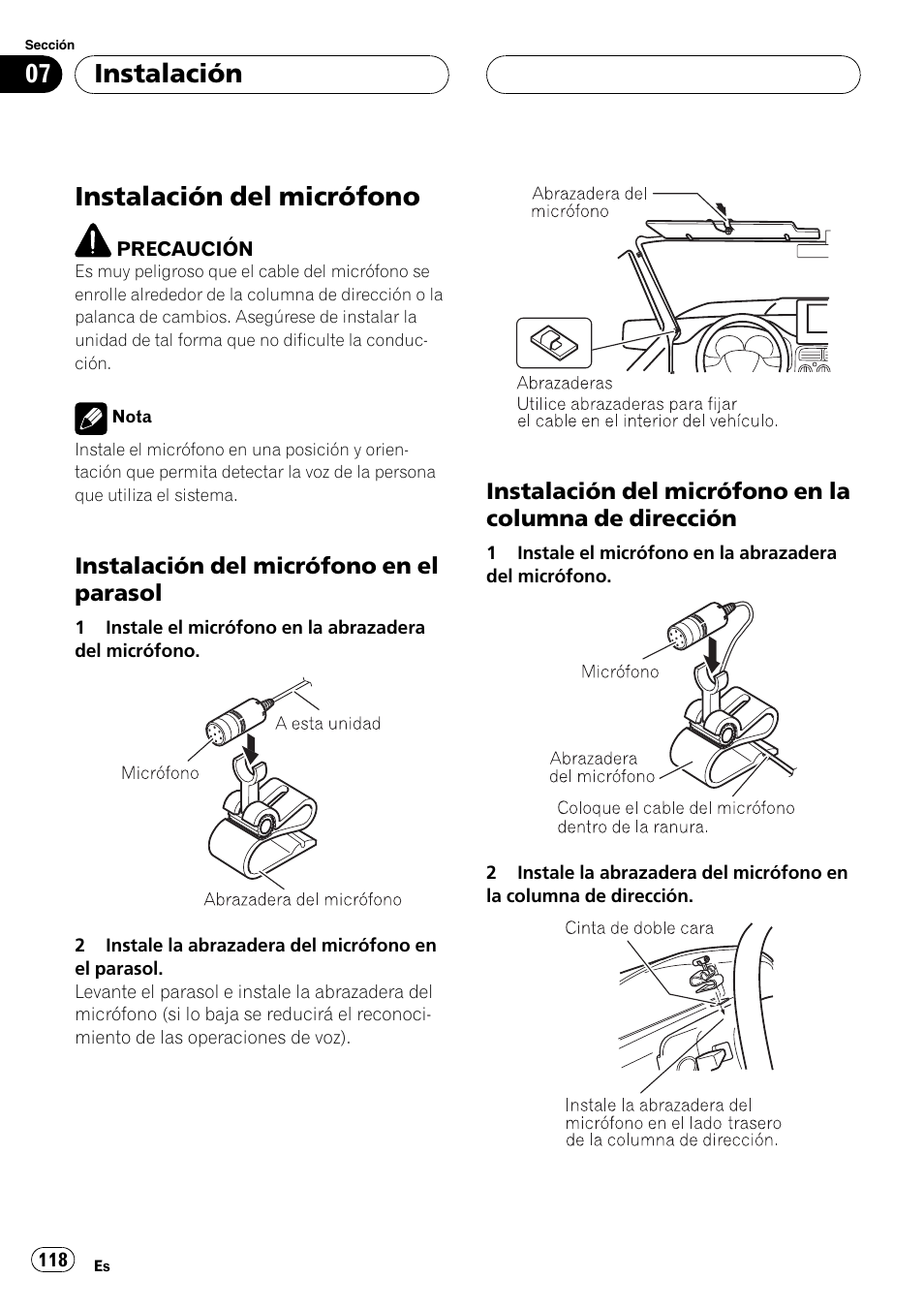 Instalación del micrófono, Instalación del micrófono en el, Parasol | Instalación del micrófono en la, Columna de dirección, Instalación | Pioneer CD-BTB200 User Manual | Page 118 / 121