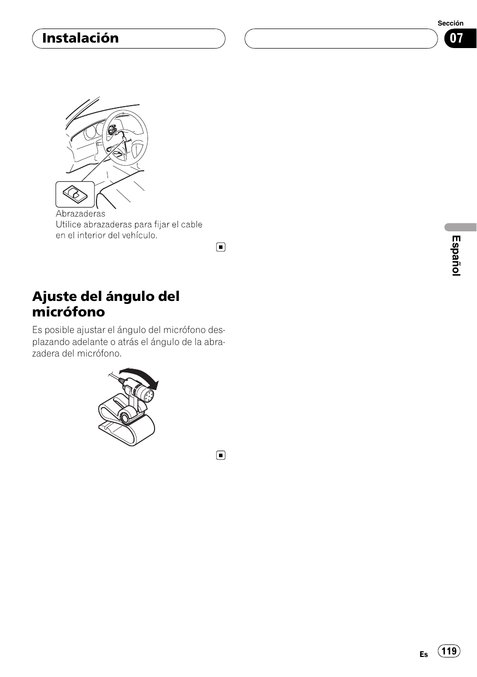 Ajuste del ángulo del micrófono, Instalación | Pioneer CD-BTB200 User Manual | Page 119 / 121