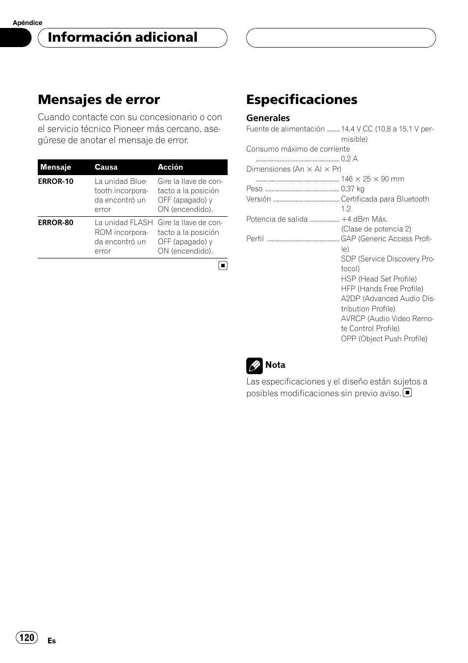 Información adicional mensajes de error, Especificaciones, Mensajes de error | Información adicional | Pioneer CD-BTB200 User Manual | Page 120 / 121