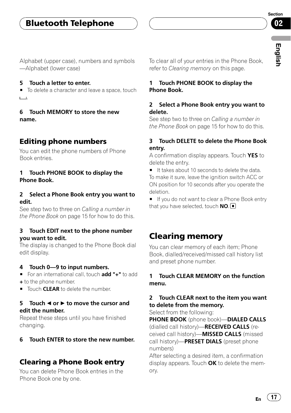 Editing phone numbers 17, Clearing a phone book entry 17, Clearing memory | Bluetooth telephone, Editing phone numbers, Clearing a phone book entry | Pioneer CD-BTB200 User Manual | Page 17 / 121