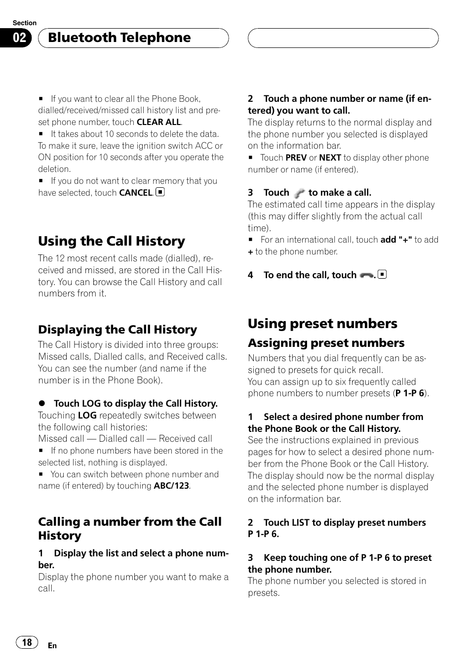 Using the call history, Displaying the call history 18, Calling a number from the call | History, Using preset numbers, Assigning preset numbers 18, Bluetooth telephone | Pioneer CD-BTB200 User Manual | Page 18 / 121