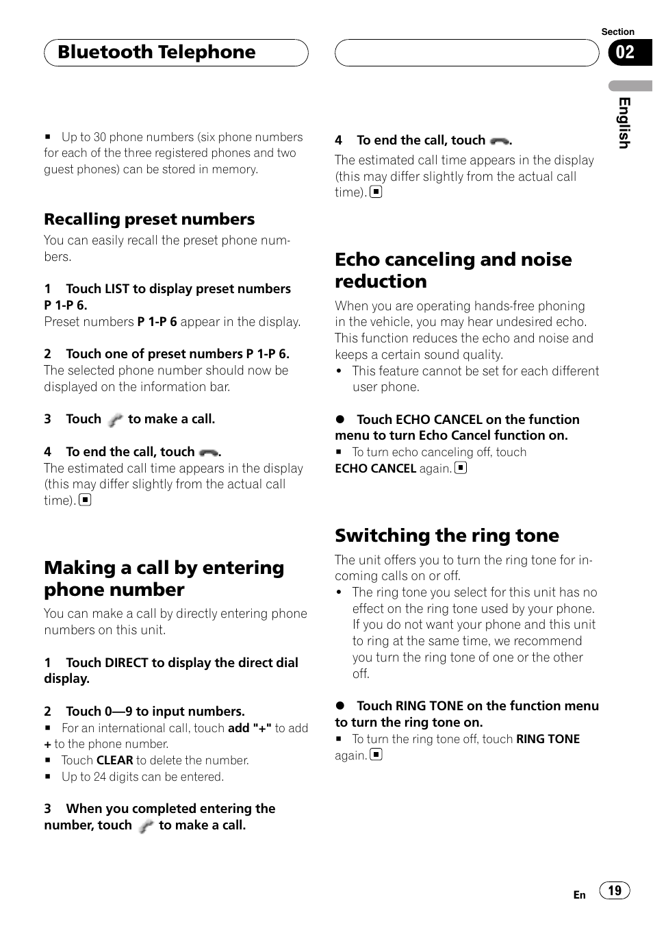 Recalling preset numbers 19, Making a call by entering phone number, Echo canceling and noise reduction | Switching the ring tone, Bluetooth telephone | Pioneer CD-BTB200 User Manual | Page 19 / 121