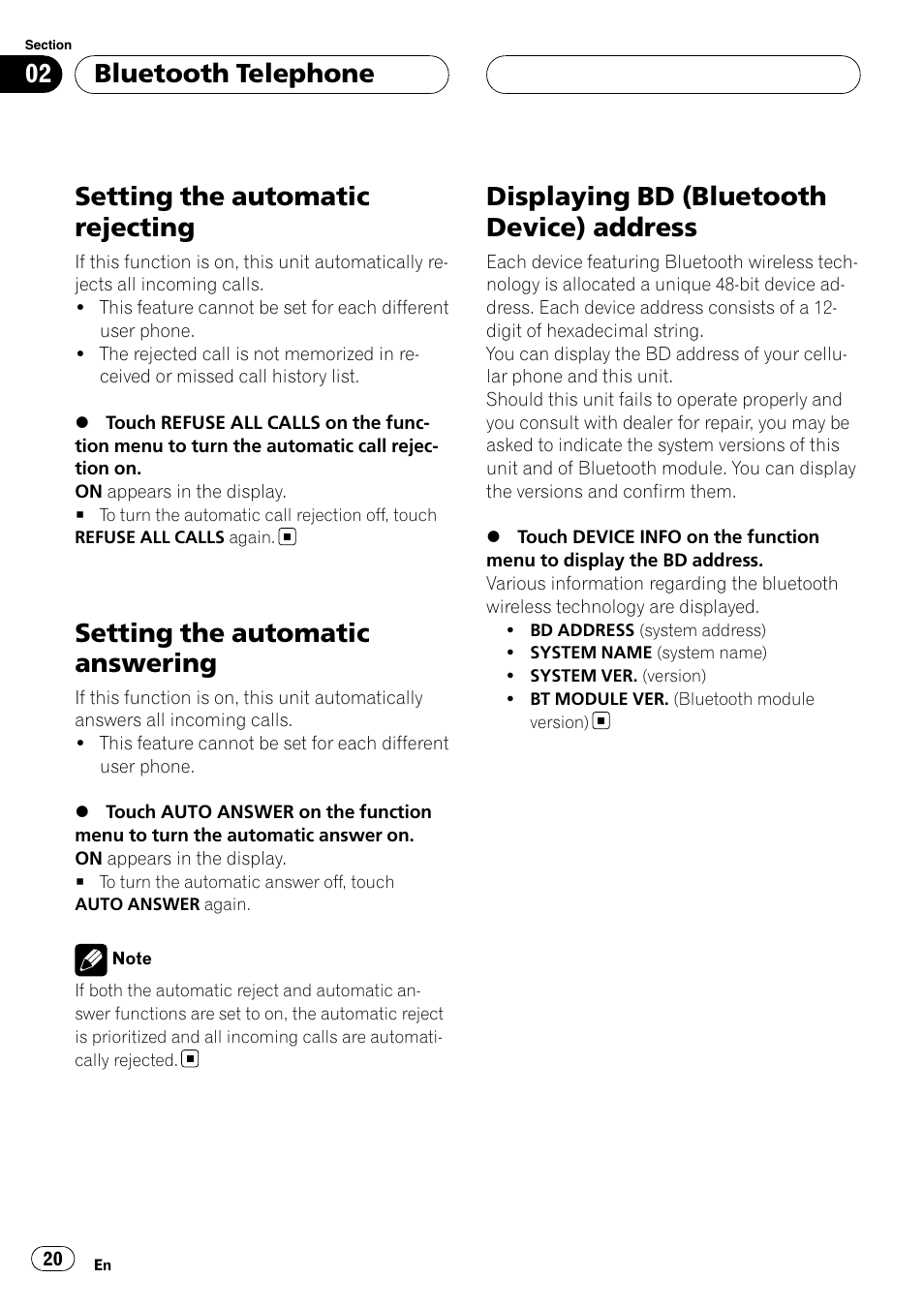 Setting the automatic rejecting, Setting the automatic answering, Displaying bd (bluetooth device) | Address, Displaying bd (bluetooth device) address, Bluetooth telephone | Pioneer CD-BTB200 User Manual | Page 20 / 121