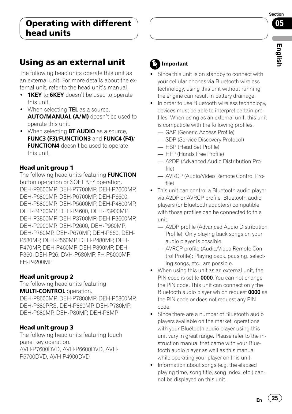 Using as an external unit, Operating with different head units | Pioneer CD-BTB200 User Manual | Page 25 / 121