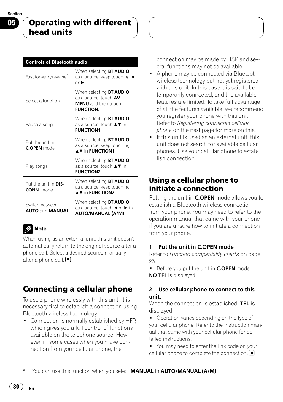 Connecting a cellular phone, Using a cellular phone to initiate a, Connection | Operating with different head units, Using a cellular phone to initiate a connection | Pioneer CD-BTB200 User Manual | Page 30 / 121