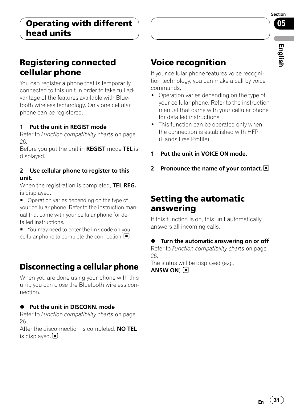 Registering connected cellular phone, Disconnecting a cellular phone, Voice recognition | Setting the automatic answering, Operating with different head units | Pioneer CD-BTB200 User Manual | Page 31 / 121