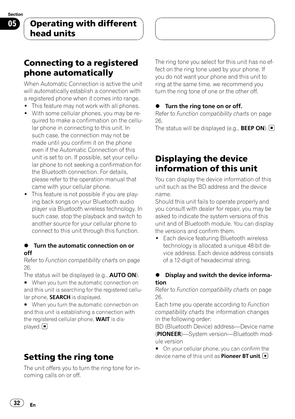 Connecting to a registered phone, Automatically, Setting the ring tone | Displaying the device information of this, Unit, Connecting to a registered phone automatically, Displaying the device information of this unit, Operating with different head units | Pioneer CD-BTB200 User Manual | Page 32 / 121