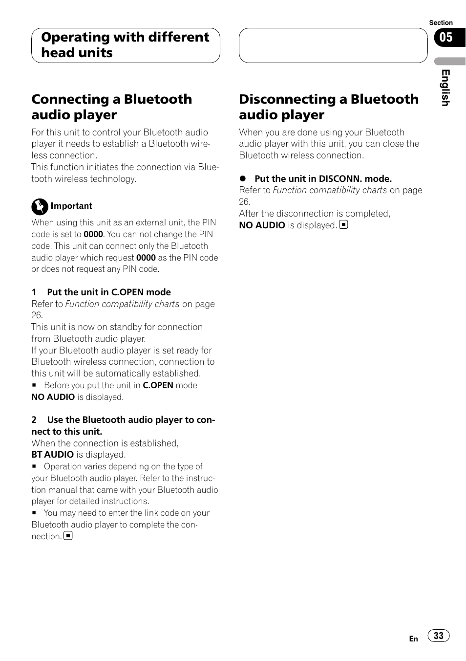 Connecting a bluetooth audio player, Disconnecting a bluetooth audio player, Operating with different head units | Pioneer CD-BTB200 User Manual | Page 33 / 121