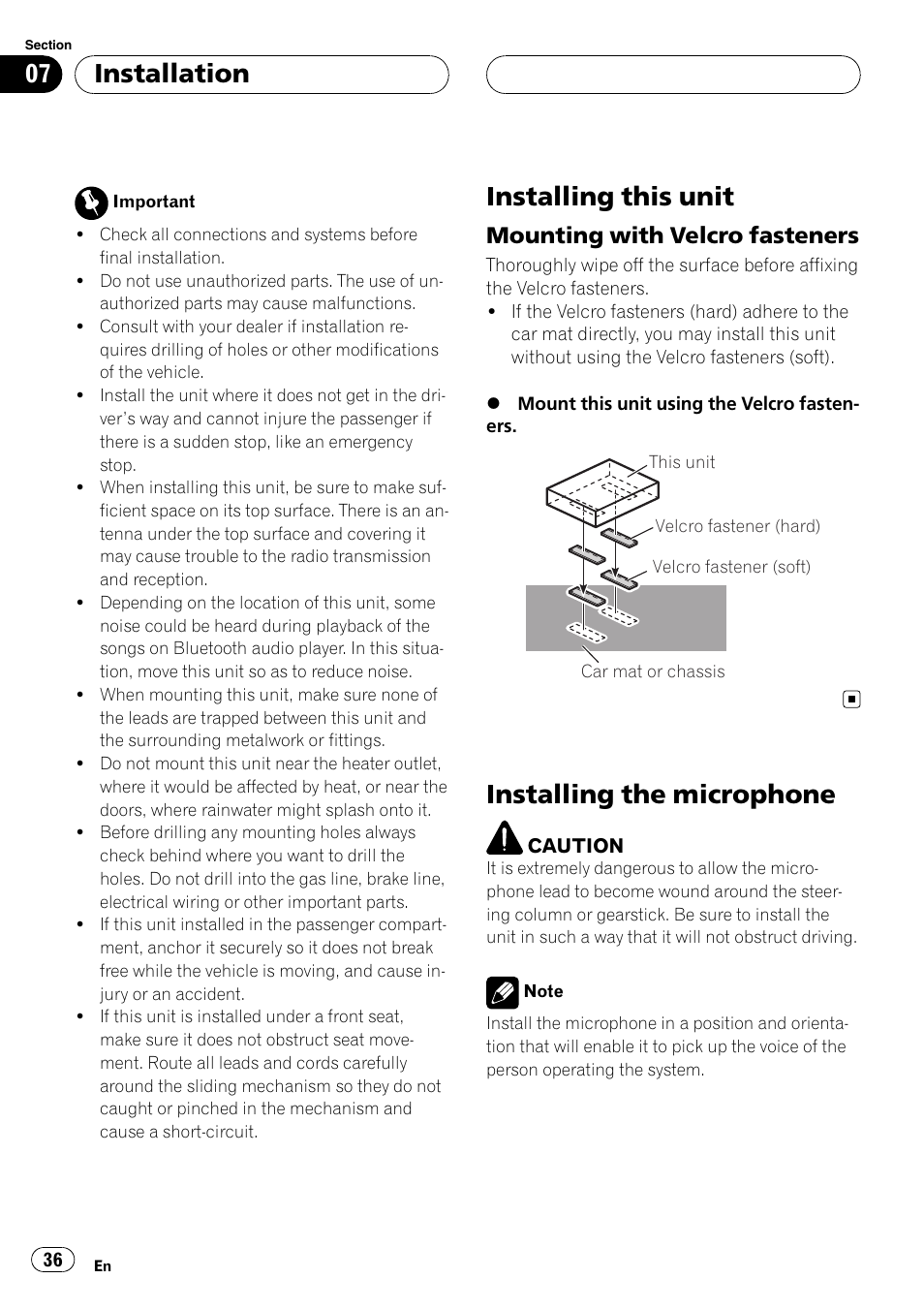 Installation installing this unit, Mounting with velcro fasteners 36, Installing the microphone | Installing this unit, Installation, Mounting with velcro fasteners | Pioneer CD-BTB200 User Manual | Page 36 / 121