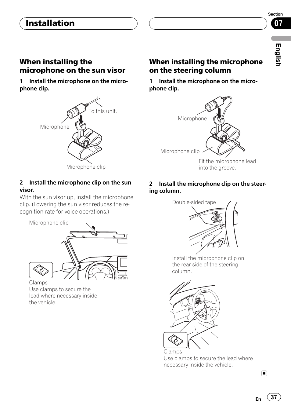 When installing the microphone on the, Sun visor, Steering column | Installation, When installing the microphone on the sun visor | Pioneer CD-BTB200 User Manual | Page 37 / 121