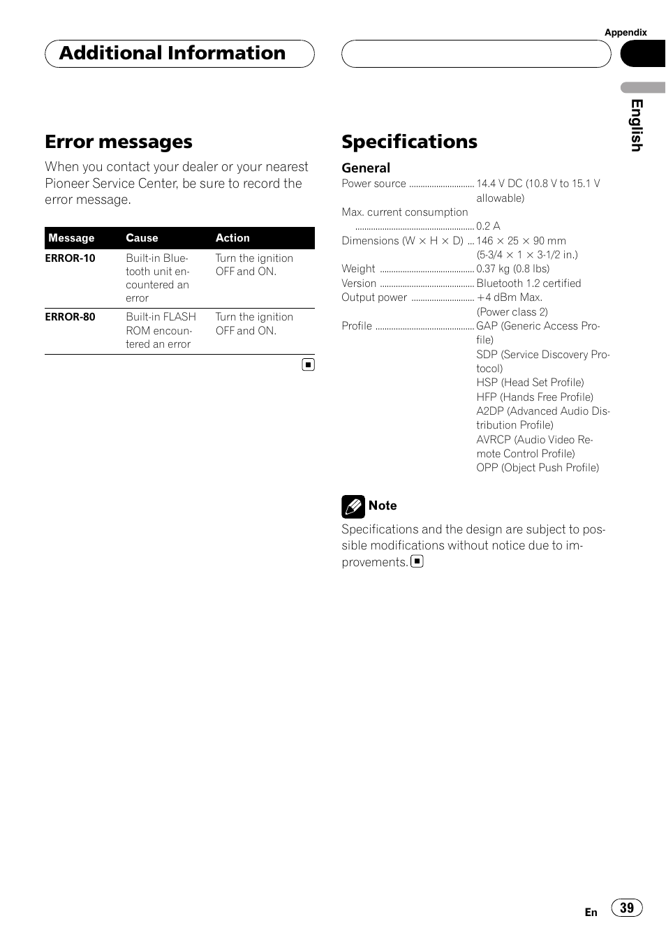 Additional information error messages, Specifications, Error messages | Additional information, English | Pioneer CD-BTB200 User Manual | Page 39 / 121
