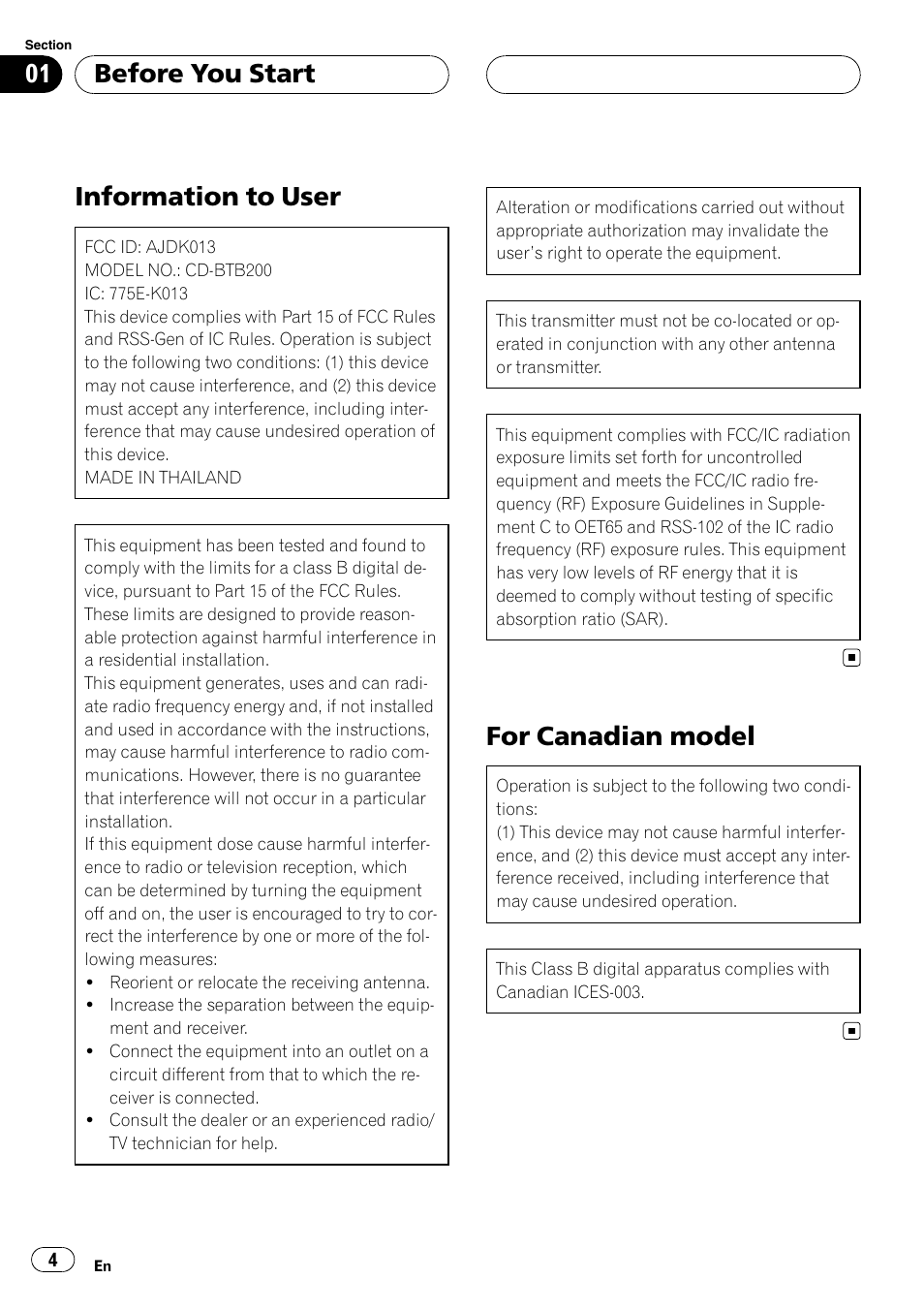 Before you start, Information to user, For canadian model | Pioneer CD-BTB200 User Manual | Page 4 / 121