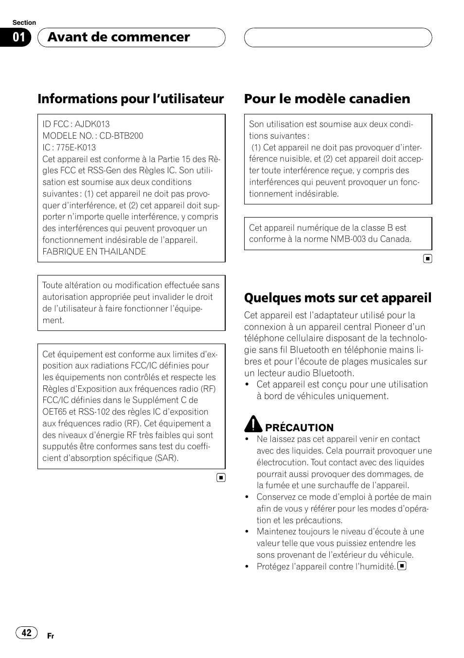 Avant de commencer, Informations pour l, Utilisateur 42 | Pour le modèle canadien, Quelques mots sur cet appareil, Informations pour l ’utilisateur | Pioneer CD-BTB200 User Manual | Page 42 / 121