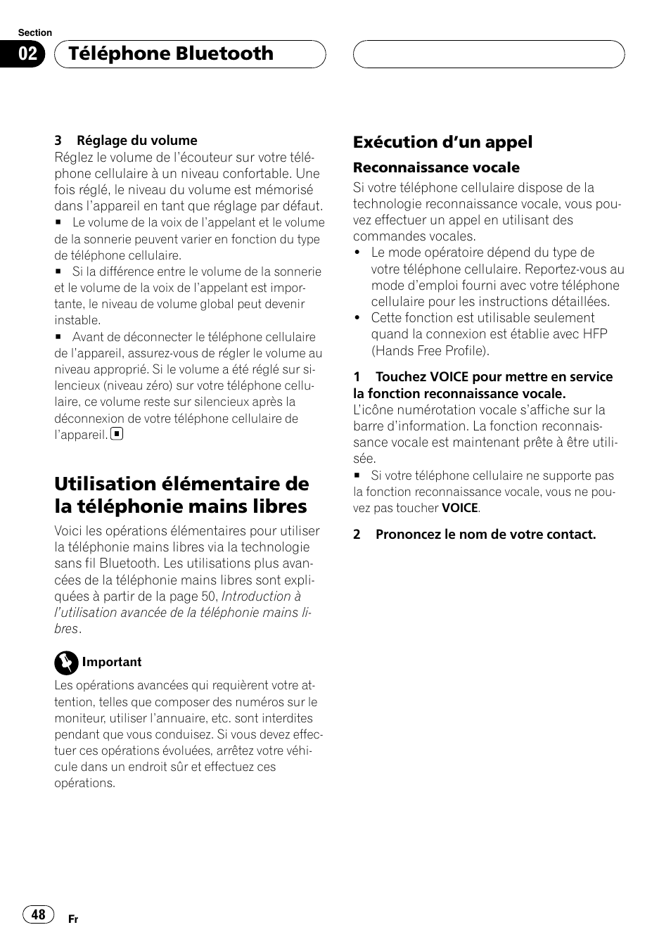 Utilisation élémentaire de la téléphonie, Mains libres, Exécution d’un appel 48 | Téléphone bluetooth, Exécution d ’un appel | Pioneer CD-BTB200 User Manual | Page 48 / 121