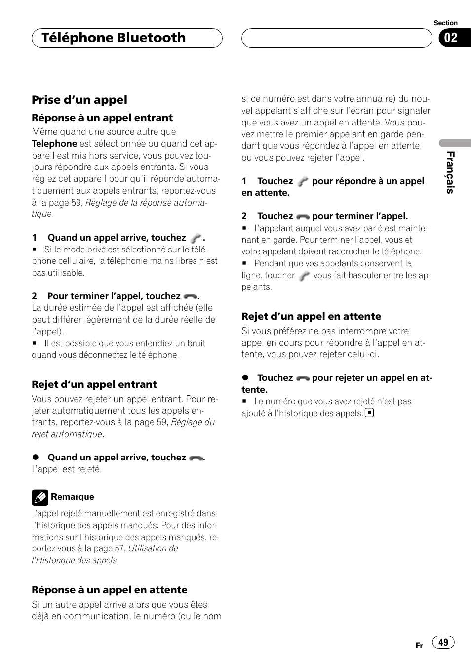 Prise d’un appel 49, Téléphone bluetooth, Prise d ’un appel | Pioneer CD-BTB200 User Manual | Page 49 / 121