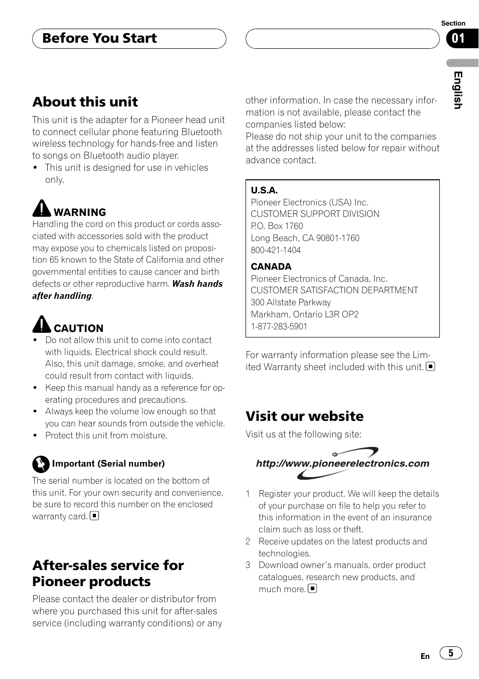About this unit, After-sales service for pioneer products, Visit our website | Before you start | Pioneer CD-BTB200 User Manual | Page 5 / 121