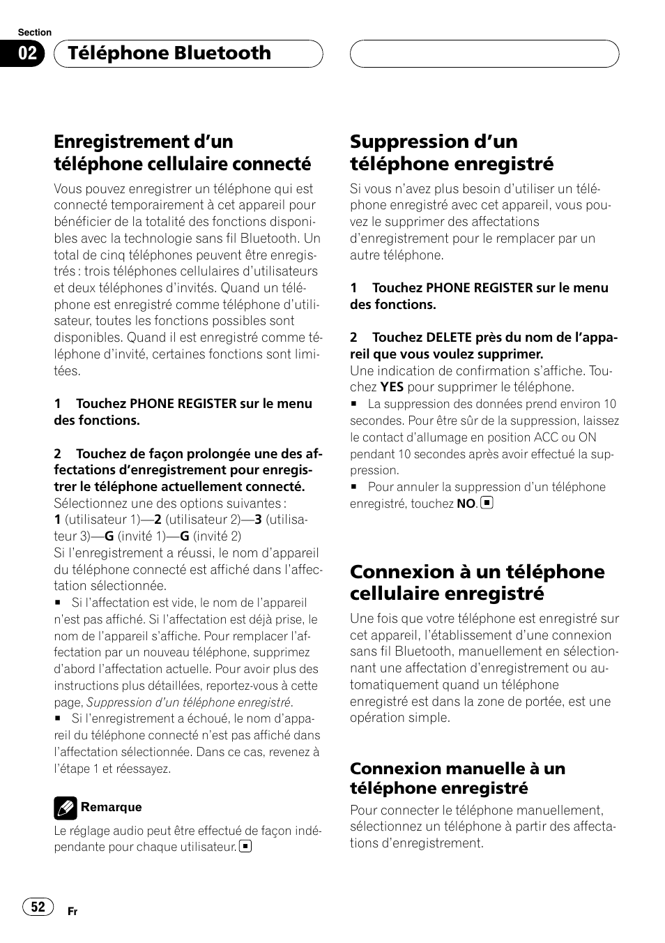 Enregistrement d, Un téléphone cellulaire, Connecté | Suppression d, Un téléphone enregistré 52, Connexion à un téléphone cellulaire, Enregistré, Connexion manuelle à un téléphone, Enregistrement d ’un téléphone cellulaire connecté, Suppression d ’un téléphone enregistré | Pioneer CD-BTB200 User Manual | Page 52 / 121