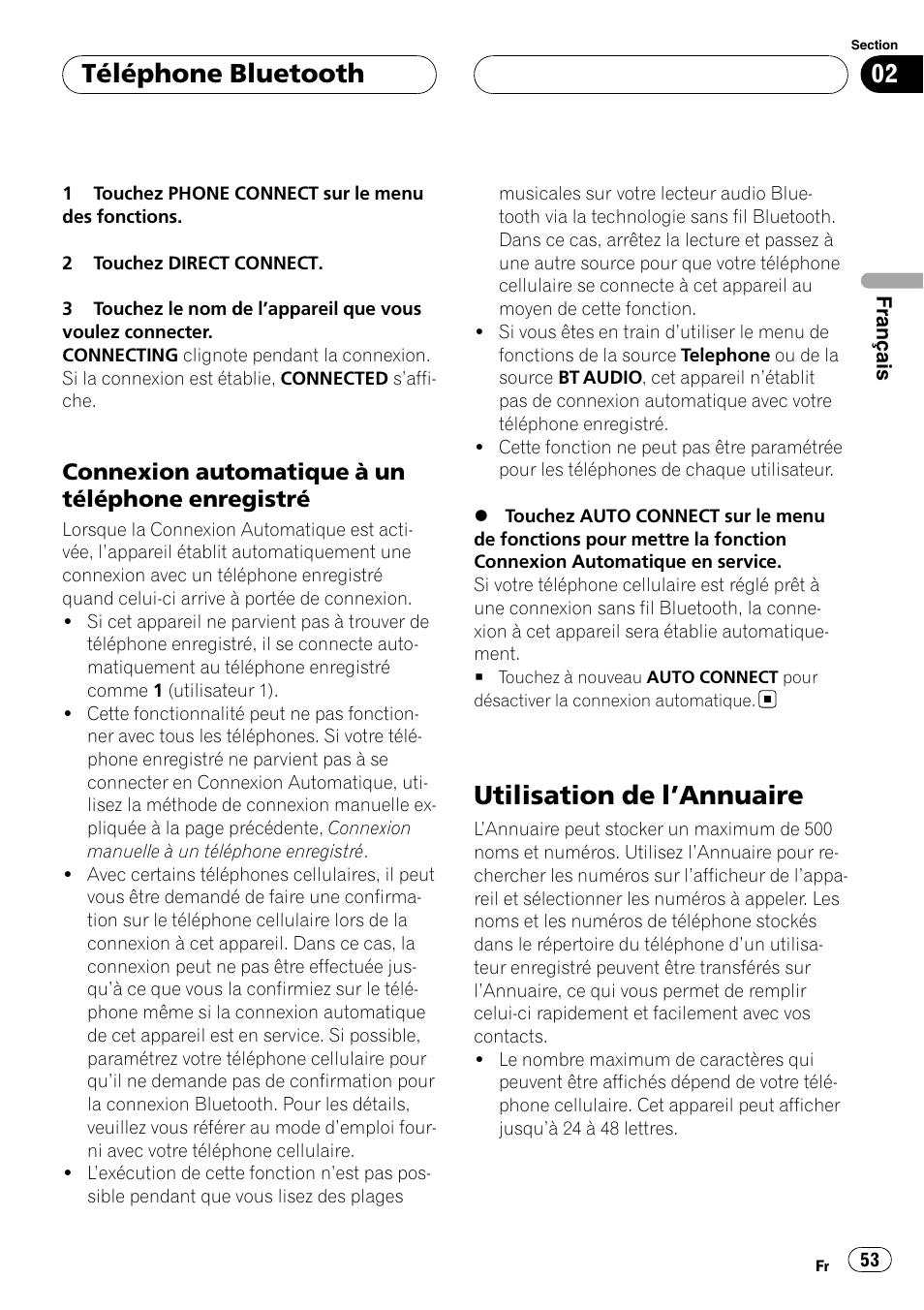 Connexion automatique à un téléphone, Enregistré, Utilisation de l | Annuaire 53, Utilisation de l ’annuaire, Téléphone bluetooth, Connexion automatique à un téléphone enregistré | Pioneer CD-BTB200 User Manual | Page 53 / 121