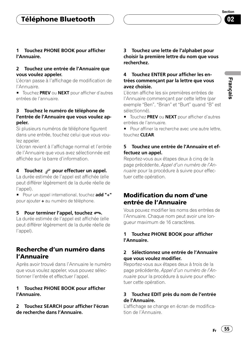 Recherche d’un numéro dans, Annuaire 55, Modification du nom d’une entrée de | Téléphone bluetooth, Recherche d ’un numéro dans l ’annuaire, Modification du nom d ’une entrée de l ’annuaire | Pioneer CD-BTB200 User Manual | Page 55 / 121