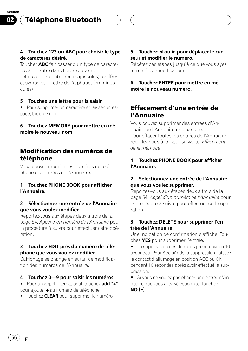 Modification des numéros de, Téléphone, Effacement d’une entrée de | Annuaire 56, Téléphone bluetooth, Modification des numéros de téléphone, Effacement d ’une entrée de l ’annuaire | Pioneer CD-BTB200 User Manual | Page 56 / 121