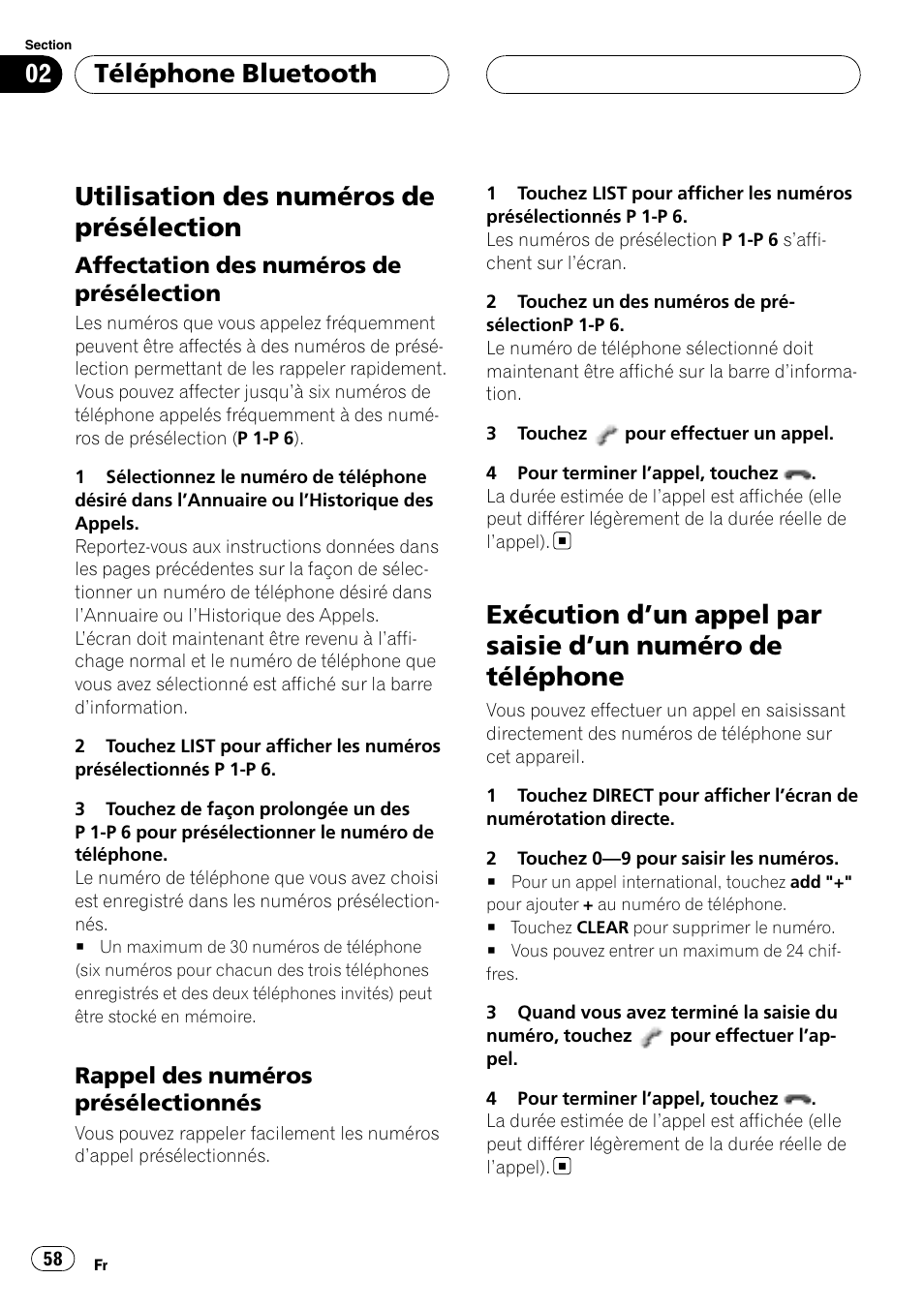 Utilisation des numéros de présélection, Affectation des numéros de, Présélection | Rappel des numéros, Présélectionnés, Exécution d, Un appel par saisie d’un numéro, De téléphone, Téléphone bluetooth | Pioneer CD-BTB200 User Manual | Page 58 / 121